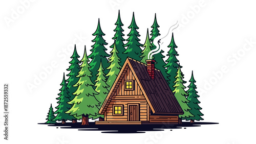 Cozy cabin surrounded by tall trees in a serene forest landscape viewed from the front