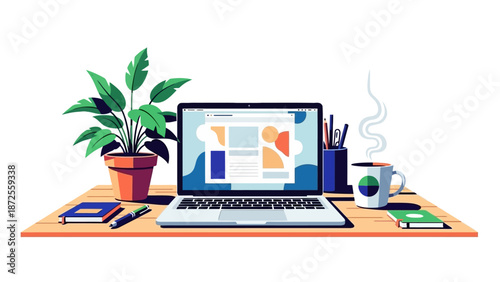 Modern workspace with laptop displaying graphs on a wooden desk with office supplies and a potted plant nearby in a peaceful environment from a front viewpoint