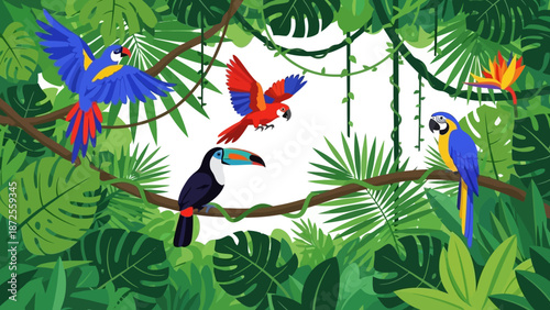 Vibrant tropical birds perched on lush green branches in a dense rainforest, viewed from a close-up perspective.