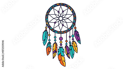 Vibrant dreamcatcher illustration with feathers and beads hanging from a circular web, symbolizing protection and spirituality, viewed from the front.