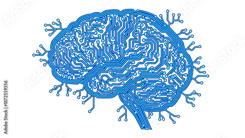 Detailed illustration of a human brain viewed from the side, showcasing intricate neural pathways and structures in a blue-toned diagrammatic representation