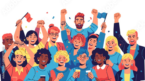 Diverse group of people celebrating together with flags and confetti from a front viewpoint