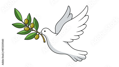 A white dove in flight carrying an olive branch with green leaves and yellow fruits, symbolizing peace