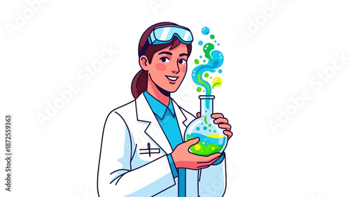 A female scientist in a lab coat examining a colorful chemical reaction in a glass beaker