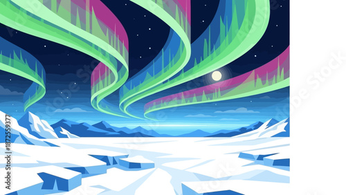 Aurora Borealis dancing above icy landscape under starry night sky with moon, cosmic, swirling, frozen, serene