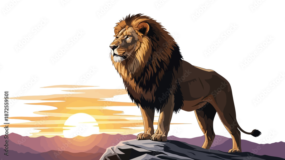 Obraz premium Majestic lion standing on rocky outcrop at golden sunset with majestic mountains in the background