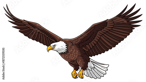 A majestic bald eagle in mid-flight, soaring through the air with wings outstretched, showcasing its sharp talons and distinctive white head