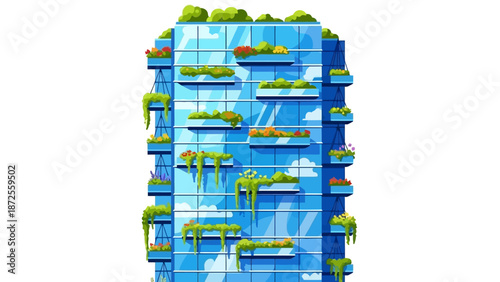 A tall, blue, multi-story building with balconies and plants viewed from the front