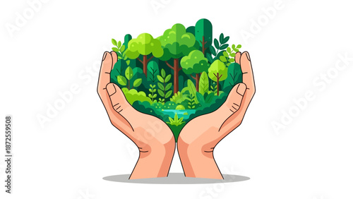 Hands cradling a lush green globe with diverse flora, symbolizing conservation and care for nature's beauty