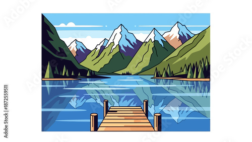 Serene lake with wooden dock and majestic mountains in the background, viewed from a calm environment.