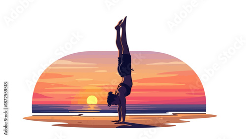 Handstand yoga on a serene beach at sunset, with the ocean waves gently lapping in the background, viewed from a slight distance