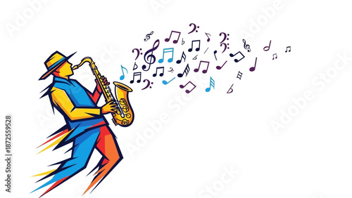 Vibrant Musician Playing Saxophone with Dynamic Musical Notes Surrounding Him in a Lively Scene, Captured in a Colorful Illustration