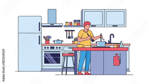 A person washing dishes in a modern kitchen with appliances and utensils