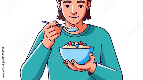 A young adult enjoying a bowl of cereal with fruit, captured from a front view.