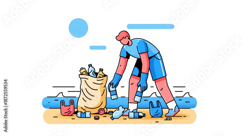 A person is cleaning up trash on the beach, bending down to pick up litter and put it in a sack on a sunny day from a side view.