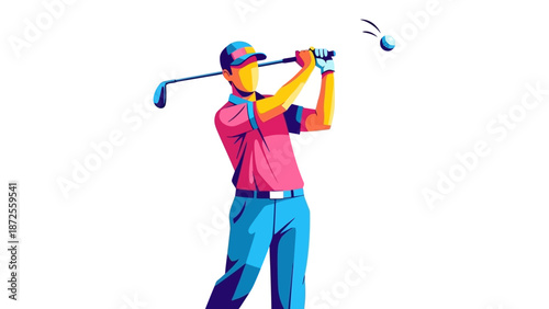 Golfer in action, swinging golf club, playing golf on a green course from a dynamic side viewpoint
