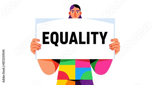 A person holding a sign that reads equality with a vibrant multicolored outfit in a plain white background from a front viewpoint