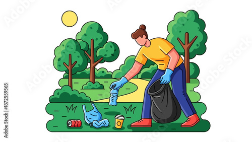 Person collecting trash in a park with trees, wearing gloves and standing beside a garbage bag