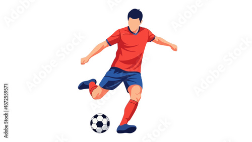 A male soccer player kicking a ball with dynamic movement and vibrant athletic wear, captured in a lively illustration from a front viewpoint