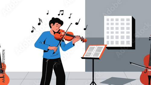 A young musician plays the violin with passion in a studio surrounded by music sheets and instruments from various viewpoints