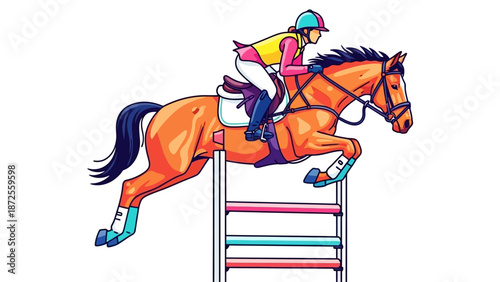 Equestrian jumps over obstacle in colorful illustration, vibrant colors, dynamic movement, horse, rider, and hurdle