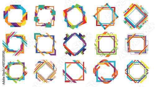 Collection of colorful geometric shapes forming frames and borders in a grid layout on a plain background