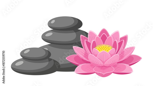 Serene lotus flower resting beside a stack of zen stones in a peaceful environment from a calm viewpoint