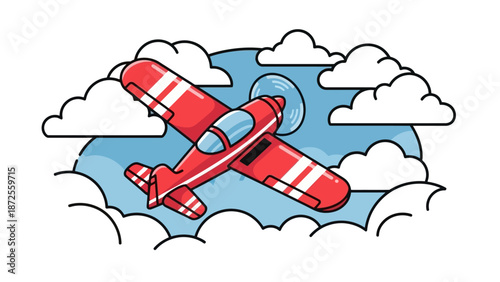 Vibrant red airplane flying through a serene blue sky surrounded by white clouds from a dynamic aerial viewpoint