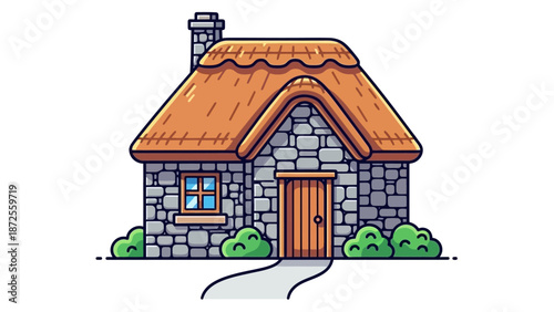 A charming stone cottage with a brown door and orange roof, set amidst green bushes, viewed from the front.