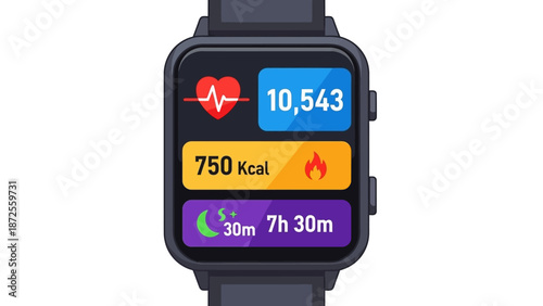A smartwatch displaying health metrics including heart rate, calories burned, and exercise duration on a digital screen