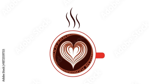 A steaming cup of coffee with a heart design on a white background