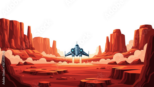 A sleek spaceship soars through the desert canyon landscape at sunset from a distant viewpoint