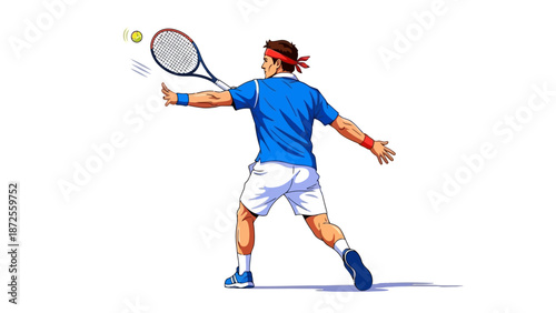 Man playing tennis on a court with a blue shirt and white shorts swinging a racket