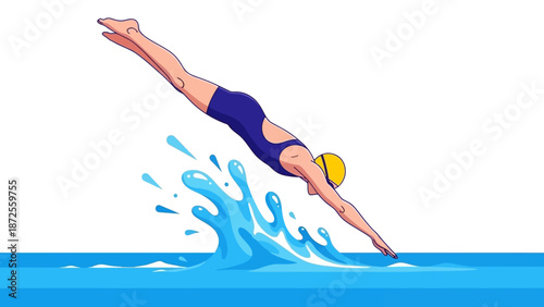 Female diver in blue swimsuit and yellow cap jumping into the water