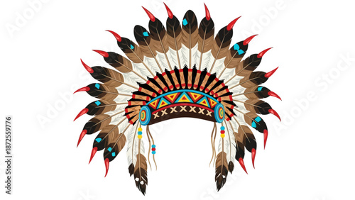 Traditional Native American headdress with feathers and jewelry on white background