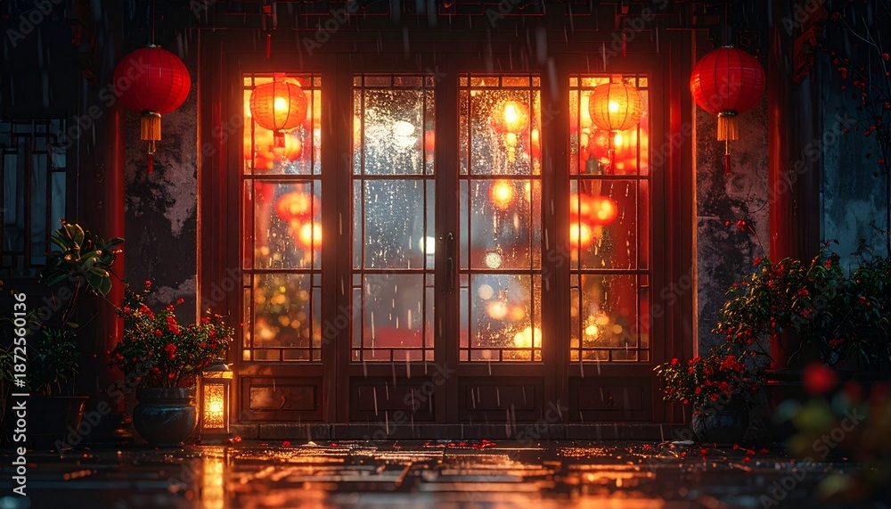 Obraz premium Ultra-realistic cinematic night photo of traditional Chinese window with warm light glowing from inside, red paper decoration silhouette, light rain outside, shallow depth of field, quiet festive atmo