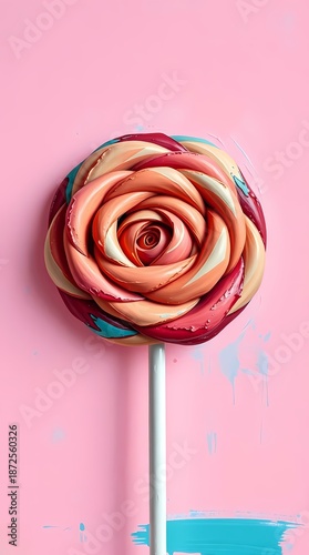 Rose flower lollipop against a pastel candy pink background,