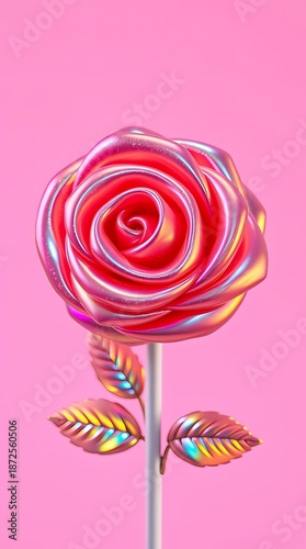 A metallic hard rose flower lollipop against a pastel candy pink background
