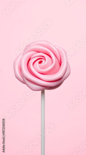 Minimal studio shot of a pink swirl lollipop on a soft pastel pink background. Glossy spiral candy on a white stick, playful and feminine aesthetic with copy space.