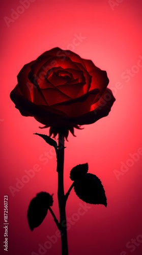 A silhouetted rose flower on a red background. Dramatically backlit. Vertical image. Creative love concept.