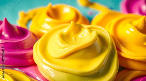 Close-up image of yellow abstract cosmetic cream spreads in vibrant colors.