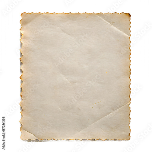 An image of an old, worn, and slightly torn piece of paper with a transparent background, giving it a vintage look.