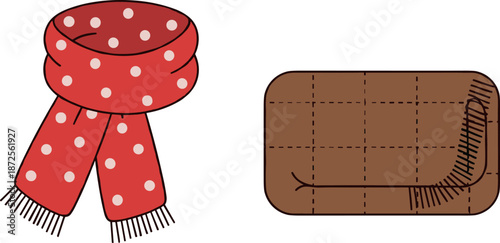 Winter cozy set featuring a red polka dot scarf with fringe and a folded brown quilted blanket or rug for seasonal comfort.