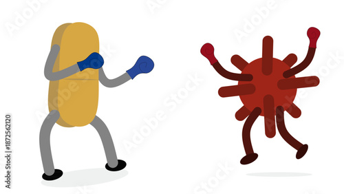 Capsule character fighting virus symbolizing medicine effectiveness and disease prevention concept