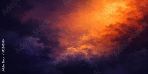 Dramatic fire in the sky illuminates a dark storm cloudscape during a beautiful orange sunset where abstract smoke blends with natural light across the summer landscape