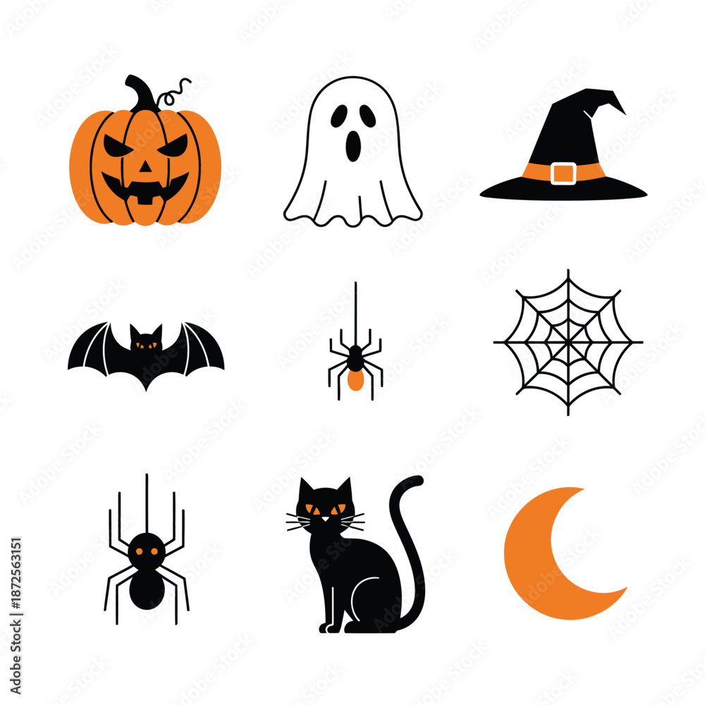 Obraz premium Halloween Icons Set: Pumpkin, Ghost, Witch Hat, Bat, Spiders, Web, Black Cat, Moon