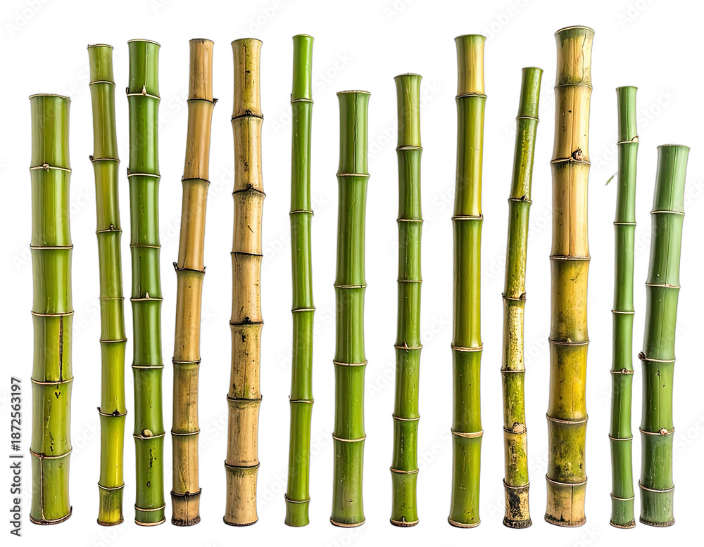 Obraz premium Close-up of multiple bamboo stalks, vibrant green and gold against a stark black background