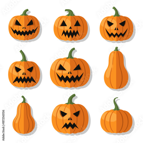 Collection of Carved Halloween Pumpkins and Gourds with Scary Faces
