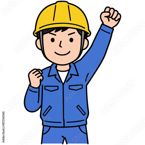 笑顔の建設作業員 黄色ヘルメットと作業服でガッツポーズする男女の土木工事の安全とチームワーク