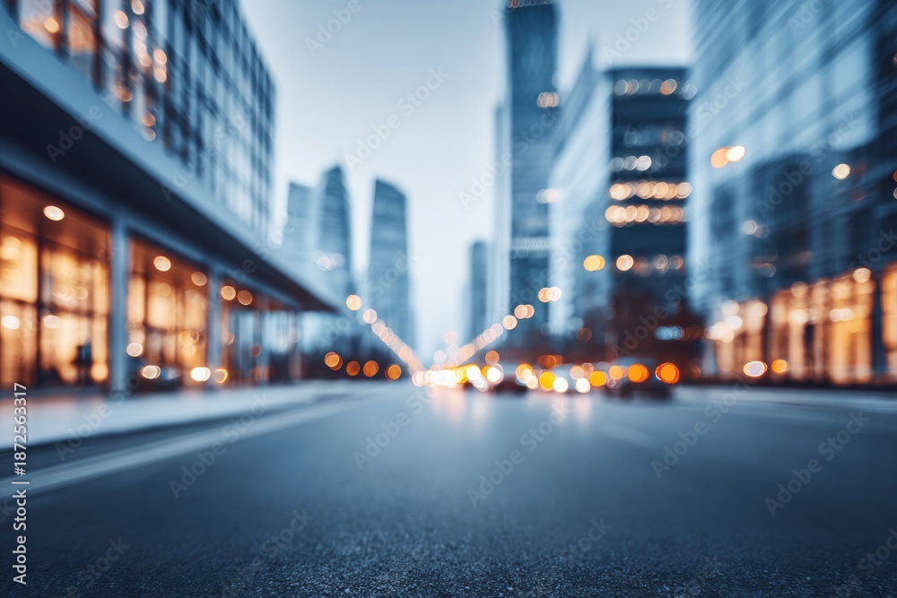 Fototapeta premium Blurry cityscape at dusk shows illuminated buildings and streetlights.